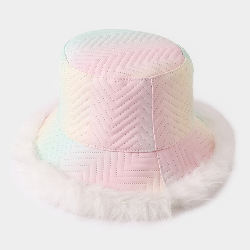 White Colorful Fur Bucket Hat Style Trendy Fuzzy Trim Fun Cute Fashion Statement